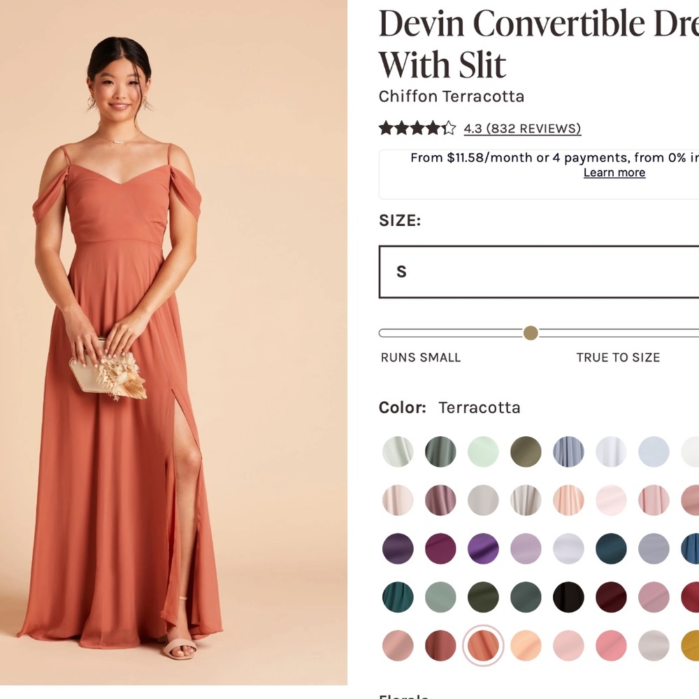 NWT Birdy Grey, Devin Convertible Dress With Slit, Chiffon, Terracotta, Small